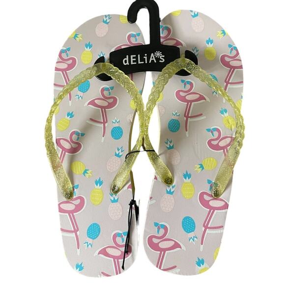 dELiA*s Pink Flamingo Colorful Bling Summer Flip Flops Size 8 NWT - Picture 5 of 8